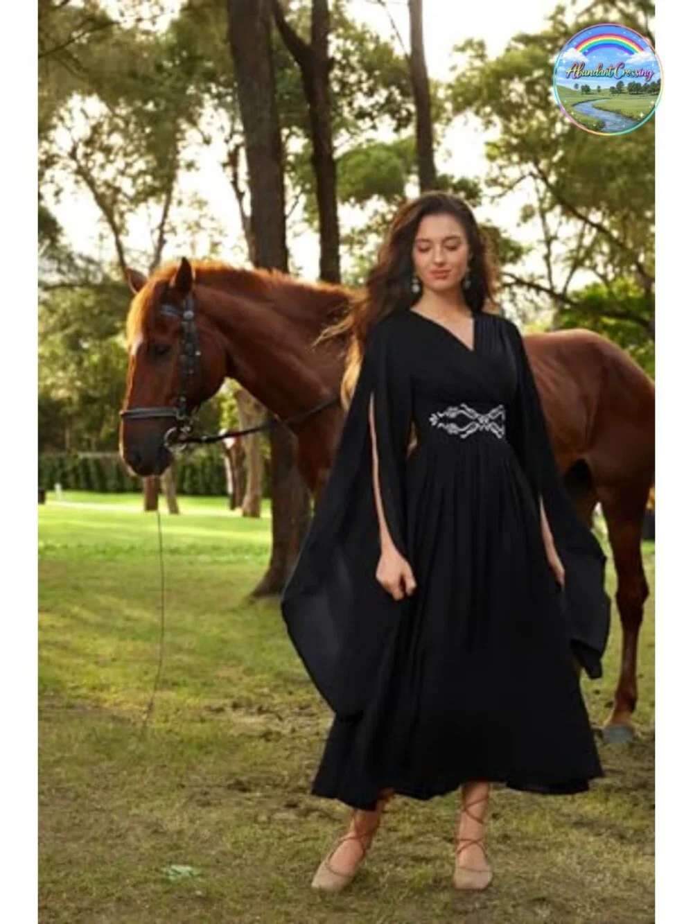 Renaissance Costume Chiffon Dress V Neck Medieval A-Line Bell Sleeve